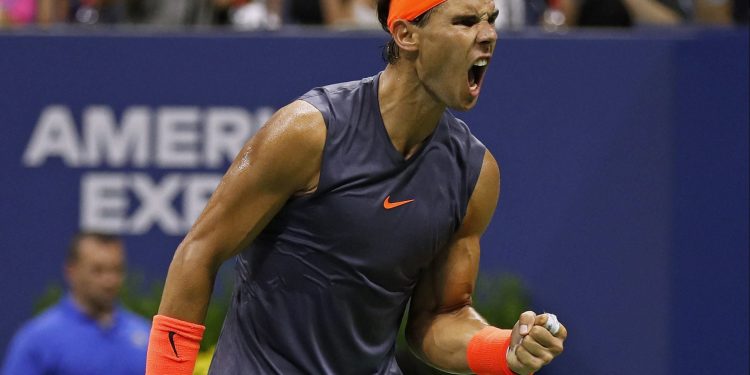 Rafa Nadal eggs himself on after winning a point against Dominic Thiem at Flushing Meadows, Tuesday 