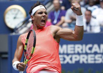 Rafa Nadal is all pumped up after winning a 39-shot rally against Karen Khachanov at the US Open, Friday