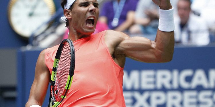 Rafa Nadal is all pumped up after winning a 39-shot rally against Karen Khachanov at the US Open, Friday