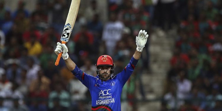 Rashid Khan celebrates his half century against Bangladesh, Thursday