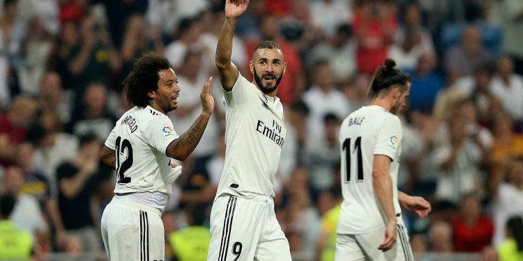 Real Madrid’s Karim Benzema celebrates after scoring against Leganes at Santiago Bernabeu, Saturday