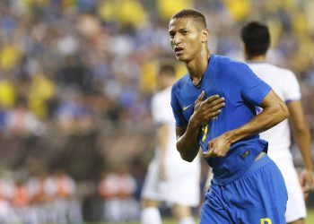 Brazil’s Richarlison celebrates after scoring against El Salvador, Tuesday