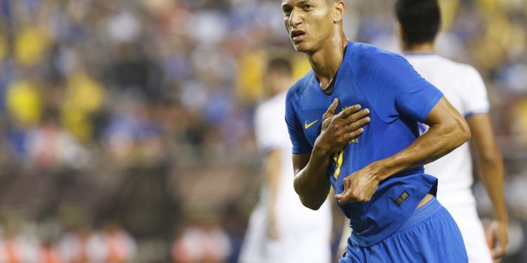 Brazil’s Richarlison celebrates after scoring against El Salvador, Tuesday