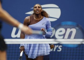 Serena Williams  reacts after defeating Kaia Kanepi during the fourth round of the US Open tennis tournament, Sunday