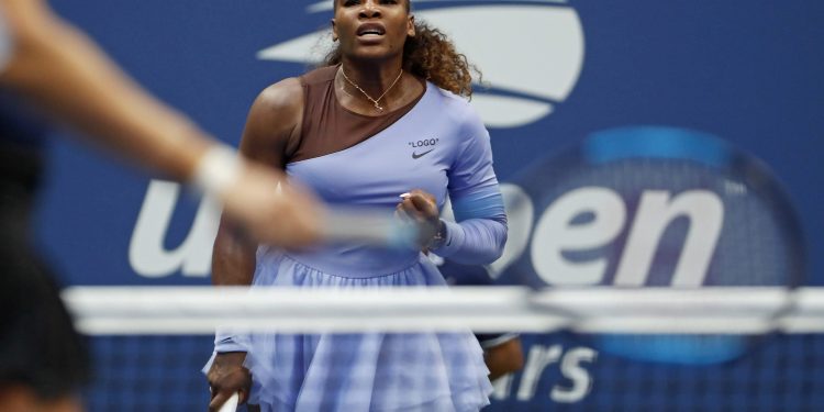 Serena Williams  reacts after defeating Kaia Kanepi during the fourth round of the US Open tennis tournament, Sunday