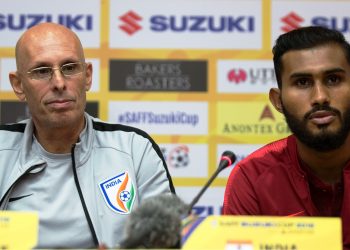India coach Stephen Constantine (L) and  skipper Subhasish Bose address the media during the pre-match press conference at Dhaka, Friday