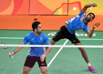 B Sumeeth Reddy (close to the net) and Manu Attri sprung a huge surprise defeating Olympic silver medallists at Tokyo, Wednesday 