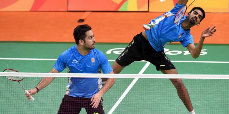 B Sumeeth Reddy (close to the net) and Manu Attri sprung a huge surprise defeating Olympic silver medallists at Tokyo, Wednesday 