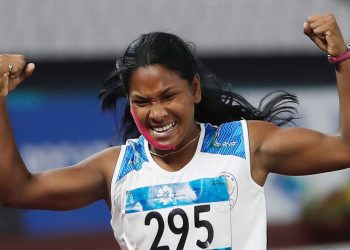 Swapna Barman reacts after winning gold in Heptathlon at Asian Games
