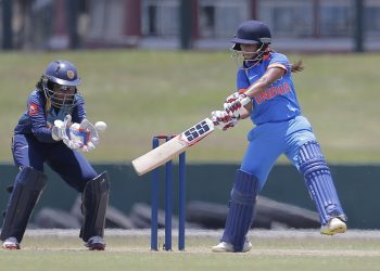 Taniya Bhatia plays a shot as Sri Lanka's Prasadini Weerakkody watches during their second women's ODI at Galle