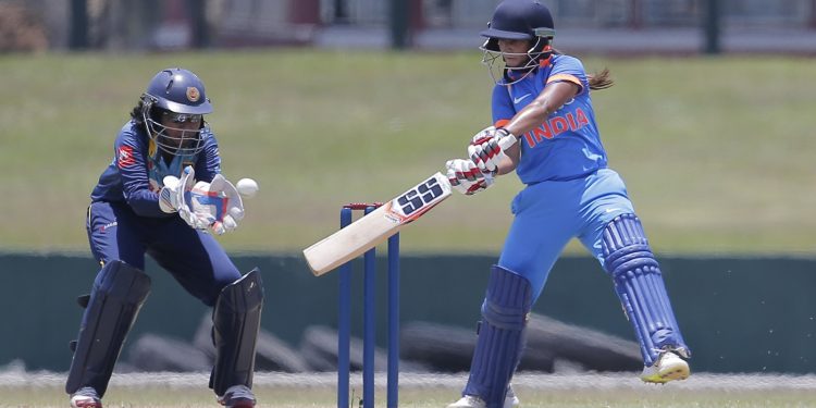 Taniya Bhatia plays a shot as Sri Lanka's Prasadini Weerakkody watches during their second women's ODI at Galle