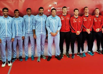 Indian and Serbian tennis players pose for photos ahead of India vs Serbia World Group Play-off during David Cup, in Kraljevo