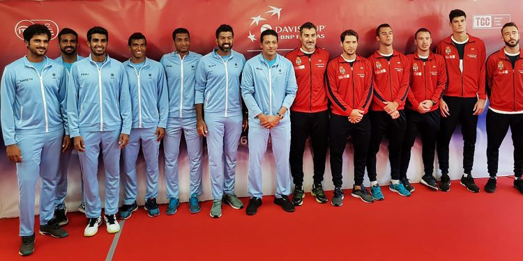 Indian and Serbian tennis players pose for photos ahead of India vs Serbia World Group Play-off during David Cup, in Kraljevo