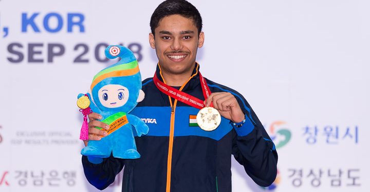 Gold medalist Udhayveer Sidhu poses with his medal after the 25m Pistol Men Junior Event at 52nd ISSF World Championship in Changwon