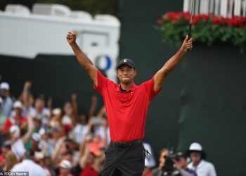 Tiger Woods celebrates on the 18th green after winning the Tour Championship golf tournament in Atlanta, Sunday