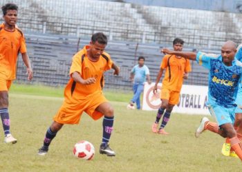 Town Club and YVGC players in action during their match at Barabati Stadium, Tuesday