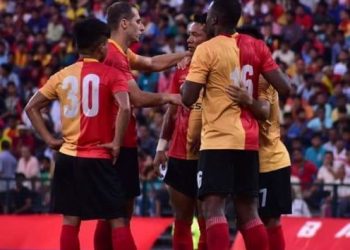 East Bengal players celebrate one of their goals against Mohun Bagan, Sunday