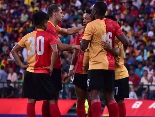 East Bengal players celebrate one of their goals against Mohun Bagan, Sunday