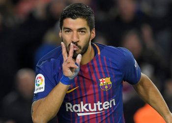 Luis Suarez celebrates after scoring Barcelona’s equaliser against Real Sociedad, Saturday