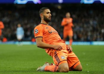 Nabil Fekir celebrates afyer scoring Lyon's second goal against Manchester City