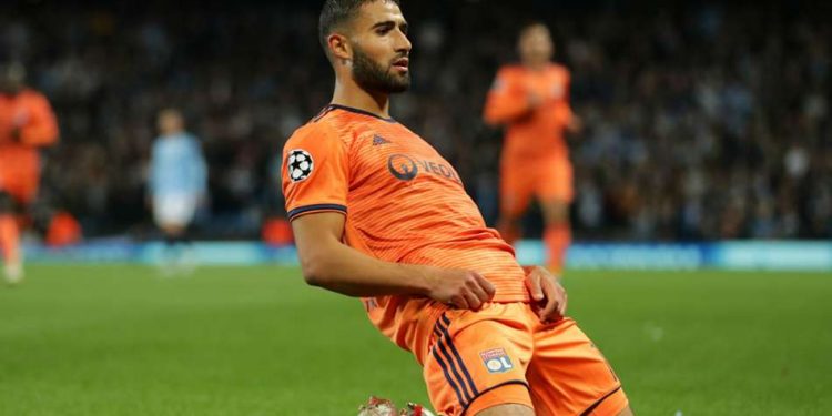Nabil Fekir celebrates afyer scoring Lyon's second goal against Manchester City