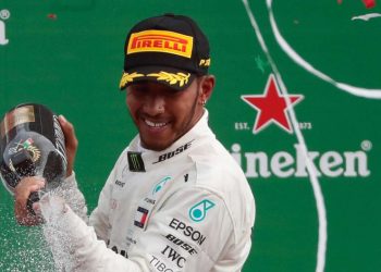 Lewis Hamilton sprays champagne after his Italian GP win, Sunday