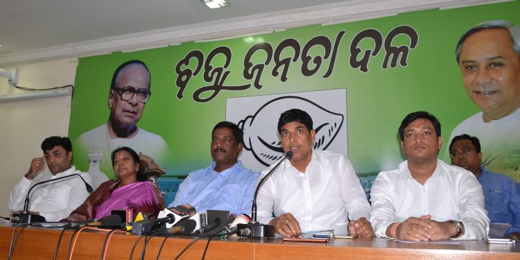 BJD leaders including Arun Sahoo, Sanjay Das Burma and Pramila Mallick address media in Bhubaneswar, Tuesday