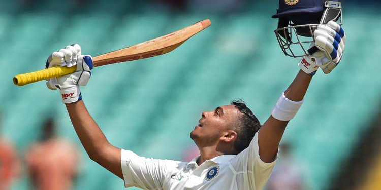 Prithvi Shaw celebrates his century against West Indies, in Rajkot, Thursday