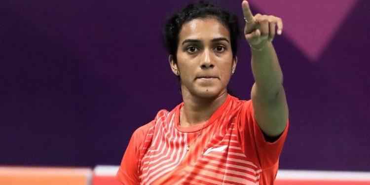 PV Sindhu gestures after beating Sayaka Sato in Paris, Thursday