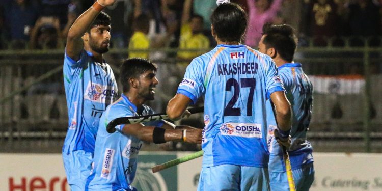 India players celebrate after defeating Japan in the semifinal of Asian Champions Trophy hockey tournament in Muscat, Oman, Saturday   