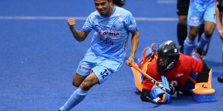 Odisha’s Shilanand Lakra is all pumped up after scoring India’s second goal against New Zealand, Sunday