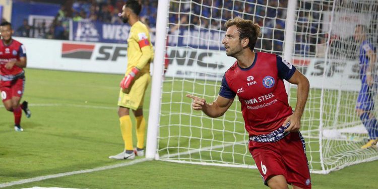 Mario Arques celebrates after scoring the opener for Jamshedpur FC against Mumbai City FC, Tuesday