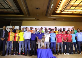 Players representing all the I-League clubs pose for a photo during the 2018-19 season launch ceremony  at New Delhi, Tuesday