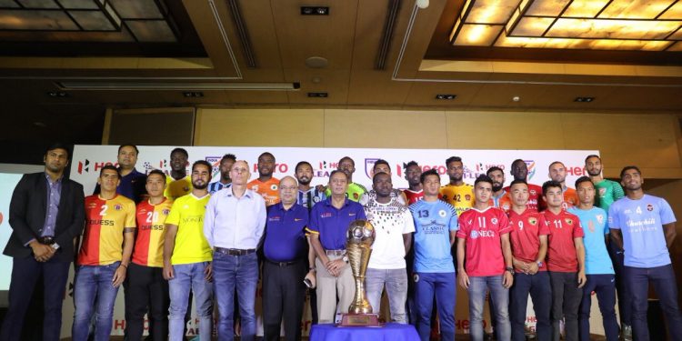 Players representing all the I-League clubs pose for a photo during the 2018-19 season launch ceremony  at New Delhi, Tuesday
