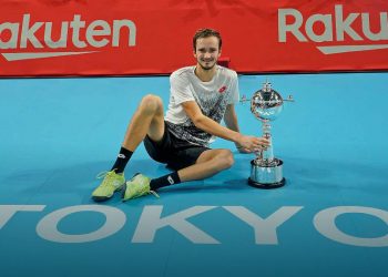 Daniil Medvedev poses with the winner’s trophy in Tokyo, Sunday