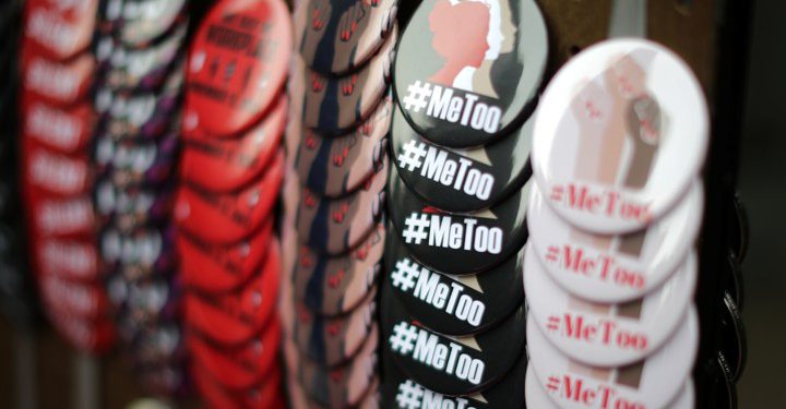 A vendor sells #MeToo badges a protest march for survivors of sexual assault and their supporters in Hollywood, Los Angeles, California U.S. November 12, 2017. REUTERS/Lucy Nicholson - RC18A2D7F850