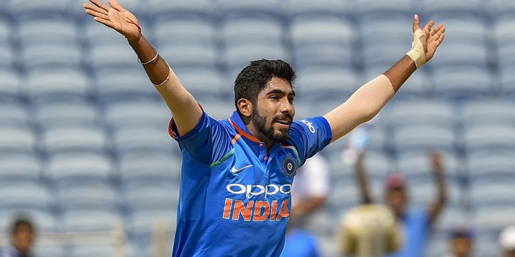 Jasprit Bumrah appeals for the dismissal of a West Indies batsman in Pune, Saturday   