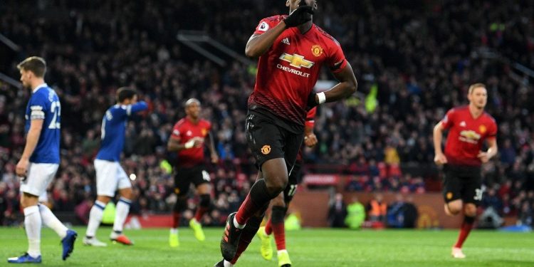 Manchester United’s Paul Pogba celebrates after scoring against Everton at Old Trafford, Sunday