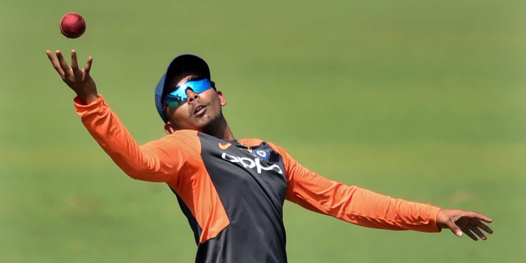Prithvi Shaw tries to hold on to a catch during India’s practice session at Rajkot, Wednesday 