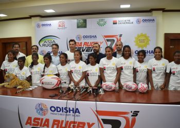 India team players along with other officials pose for a photograph during the press meet at Kalinga Stadium in Bhubaneswar, Thursday     