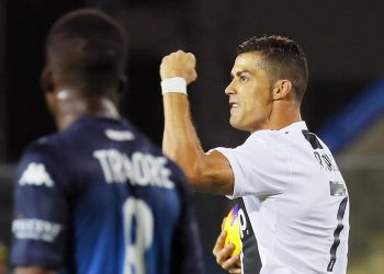 Cristiano Ronaldo celebrates after scoring his side's opening goal against Empoli