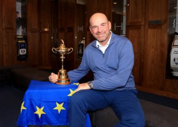 Europe captain Thomas Bjorn poses with the Ryder Cup trophy in Paris, Sunday