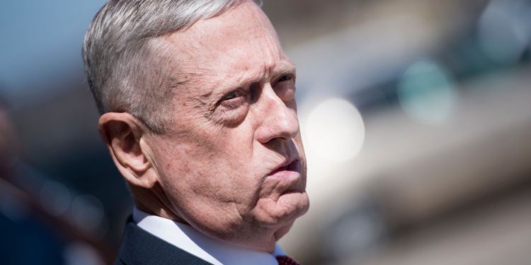US Secretary of Defense James Mattis waits for Indonesia's Minister of Foreign Affairs Retno Marsudi during an honor cordon at the Pentagon March 26, 2018 in Washington, DC. / AFP PHOTO / Brendan Smialowski        (Photo credit should read BRENDAN SMIALOWSKI/AFP/Getty Images)