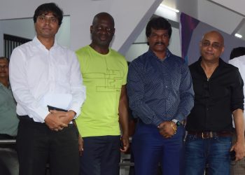 From L: Dilip Tirkey, ben Johnson, Dhanraj Pillay and Sundeep Misra at the Kalinga Stadium, Thursday