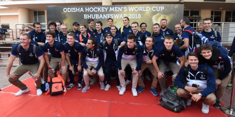 France players along with officials pose for a group photograph upon their arrival at BPIA, Thursday  