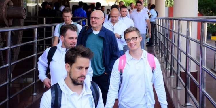 Mats Grambusch (in glasses) coming out of the Biju Patnaik International Airport with his teammates, Sunday    