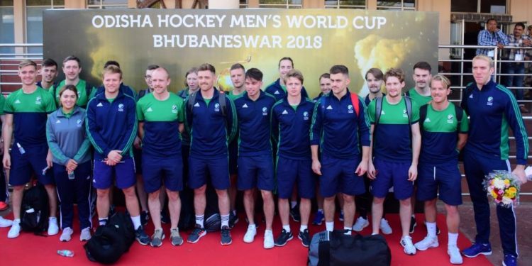 The Irish players and officials pose for a photograph after their arrival at the city airport, Sunday