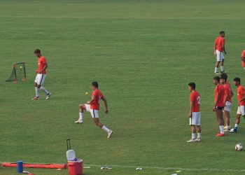 Indian Arrows players are going through some training drills at the Barabati Stadium in Cuttack, Friday