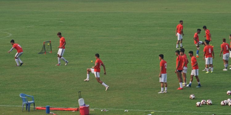 Indian Arrows players are going through some training drills at the Barabati Stadium in Cuttack, Friday