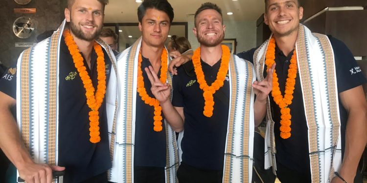 Australia players are all smiles after their arrival in Bhubaneswar, Saturday